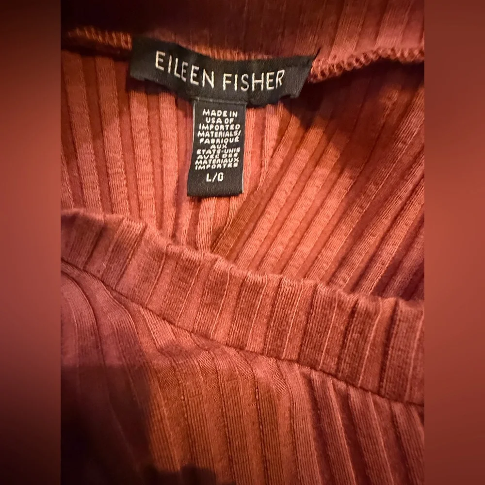 Eileen Fisher. Textured Stretch Rib Round Neck Top. Deep Terra Cotta. Large. - Picture 8 of 9
